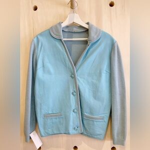 Retro Blue Leather & Knit Cardigan Sweater with Detachable Collar